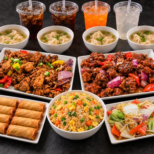 Le Combo Familial : soupes wonton, Général Kao, Poulet Sel & Poivre, riz frit, légumes, rouleaux impériaux et boissons